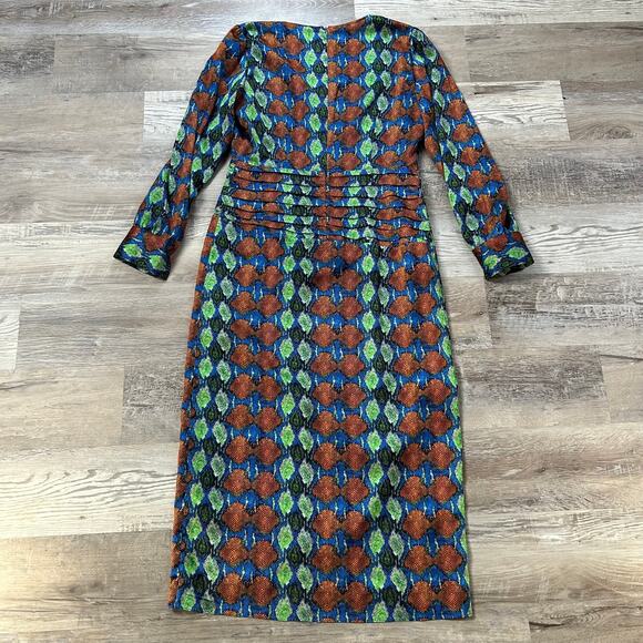 Uterqüe Midi Dress Multicolor Snake Print Long Sleeve Ruched Waist Large - Picture 5 of 8
